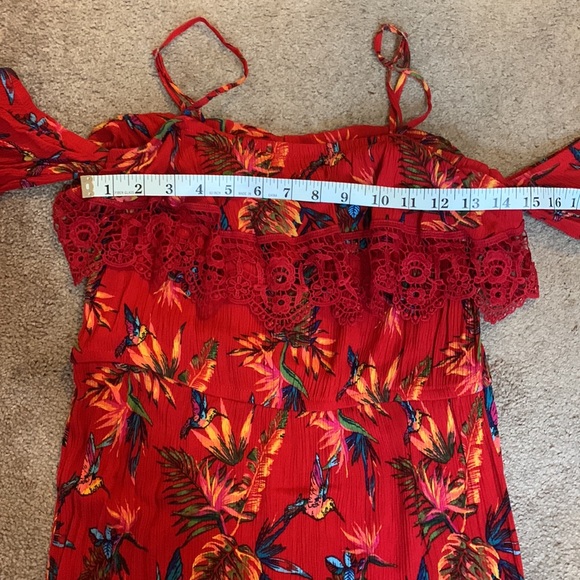 No Boundaries Red Maxi Hummingbird Pattern Cold Shoulder Sundress Women’s Small - Picture 8 of 14